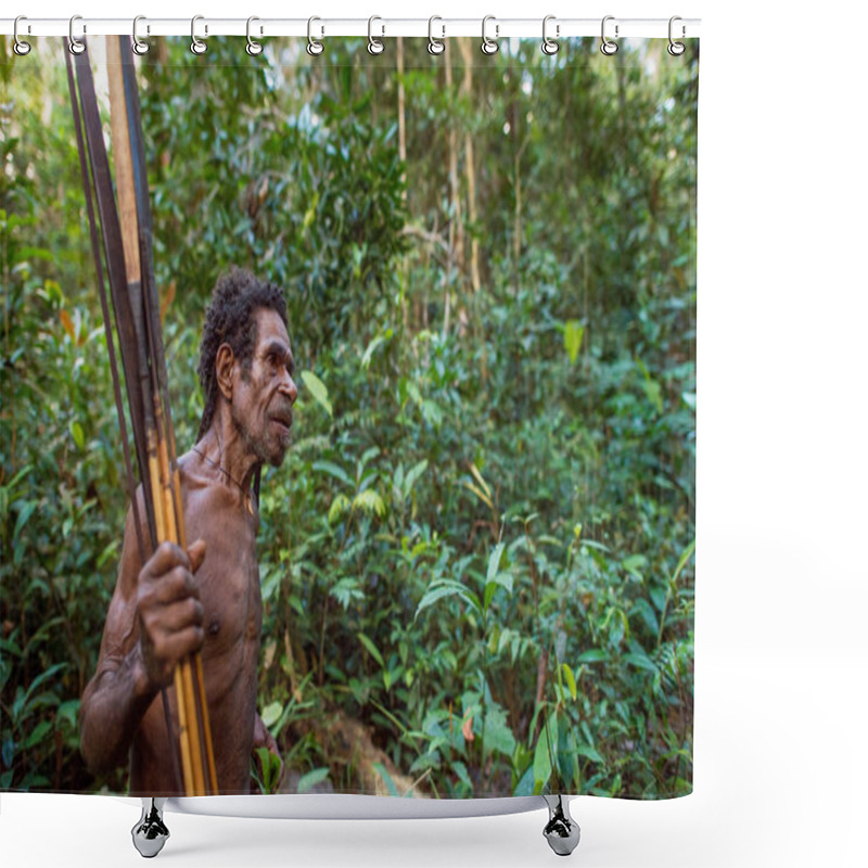 Personality  WILD JUNGLE OF NEW GUINEA ISLAND, INDONESIA - JUNE 24: Papuan From Korowai (Kolufo) Tribe With Bows And Arrows In The Wild Jungles Of New Guinea. June 24, 2016, New Guinea, Indonesia Shower Curtains