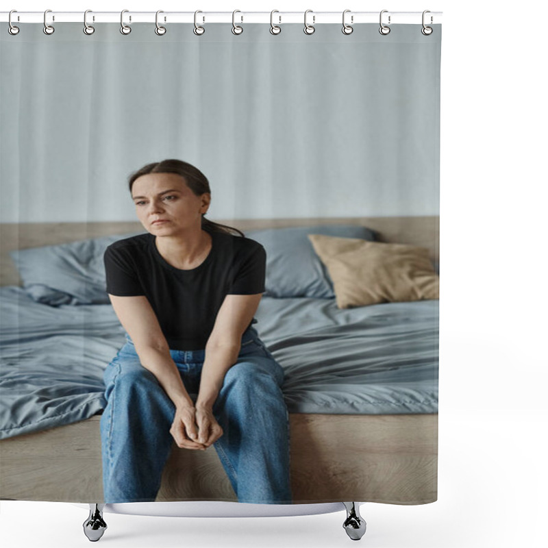 Personality  Middle-aged Woman Sitting On Bed, Looking Downcast And Forlorn. Shower Curtains