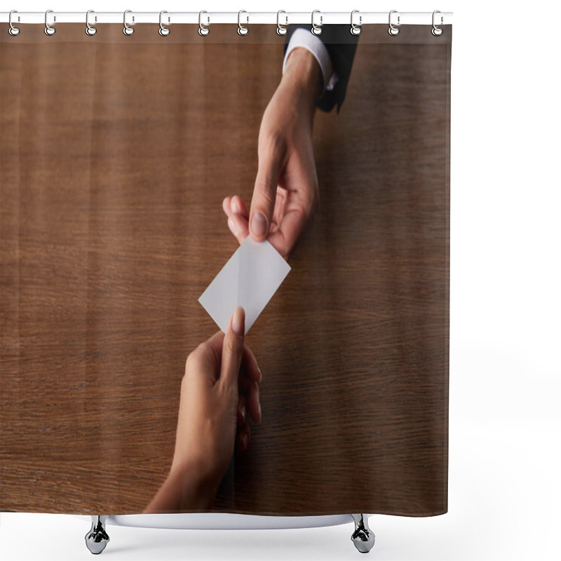 Personality  Cropped Image Of Businessman Giving Empty Visit Card To Businesswoman At Wooden Table Shower Curtains