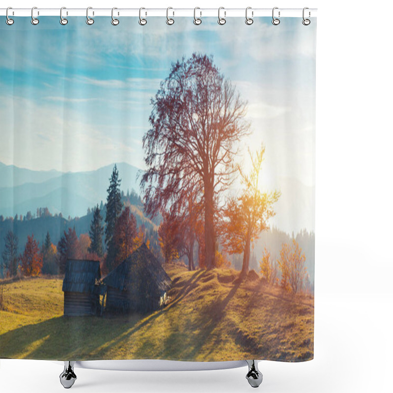 Personality  Colorful Autumn Landscape In The Mountain Village. Foggy Morning In The Carpathian Mountains. Sokilsky Ridge, Ukraine, Europe. Shower Curtains