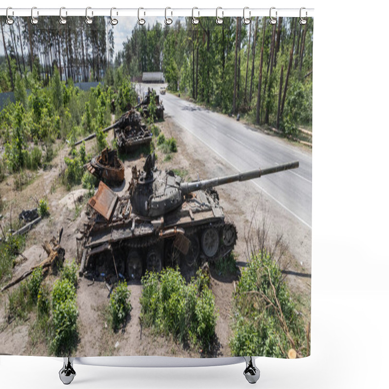 Personality  This Stock Photo Shows An Aerial View Of Destroyed Military Equipment In Ukraine Shower Curtains