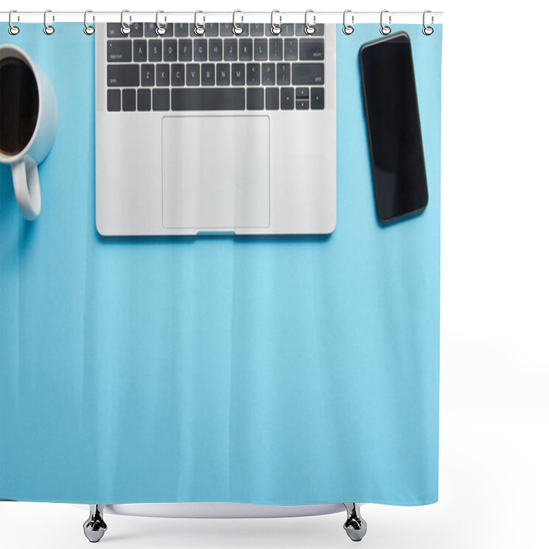 Personality  Top View Of Laptop Keyboard, Computer Mouse, Smartphone And Cup Of Coffee On Blue Background, Illustrative Editorial Shower Curtains