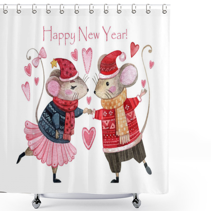 Personality  Watercolor Christmas Card With A Pair Of Mice In Love. Hand Drawn Mouse Girl In A Blue Sweater And Pink Ballet Tutu And Mouse Boy In A Red Sweater And A Yellow Scarf. Greeting Card For Couples In Love Shower Curtains