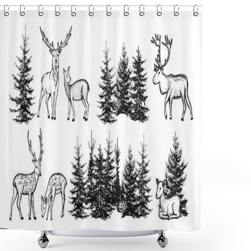 Personality  Collection Of Reindeer Hand Drawing Vector Illustration. Vector Forest Landscape With Deer Sketch. Deer Coloring Doodle. Scribble. Vector Graphics. Eps Shower Curtains