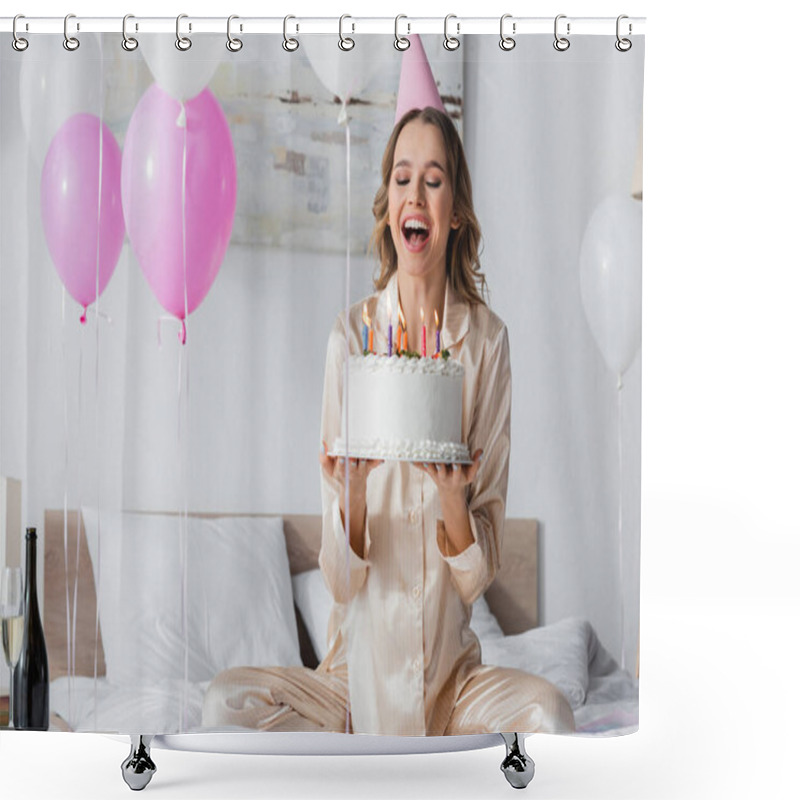 Personality  Happy Woman In Party Cap Holding Birthday Cake Near Balloons And Champagne In Bedroom  Shower Curtains