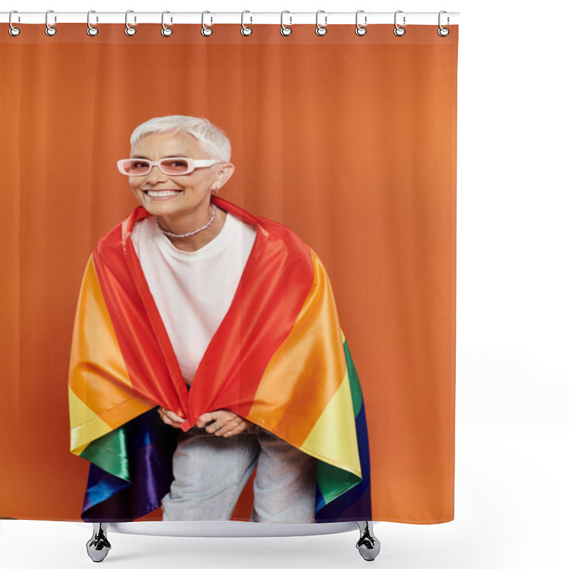 Personality  A Stylish Woman Wrapped In A Rainbow Flag Beams With Joy Against An Orange Backdrop. Shower Curtains