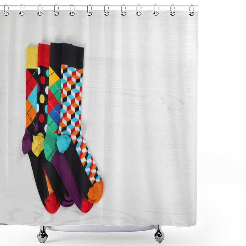 Personality  Flat Lay Composition With Different Socks And Space For Design On Light Wooden Background Shower Curtains