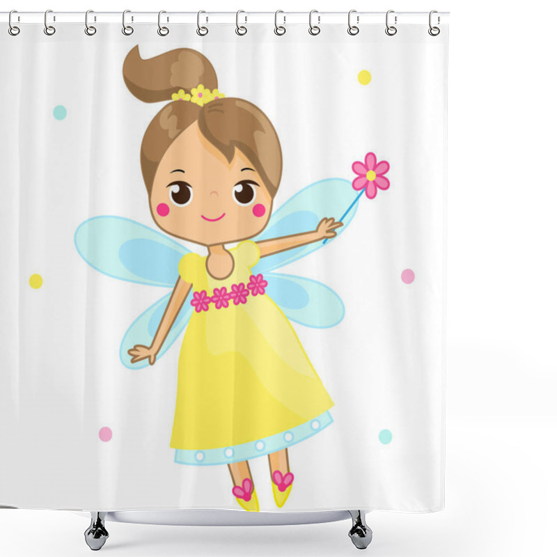 Personality  Cute Fairy Flapping Magic Wand. Cartoon Flying Fairy, Pixie, Elf Character. Vector Illustration Shower Curtains