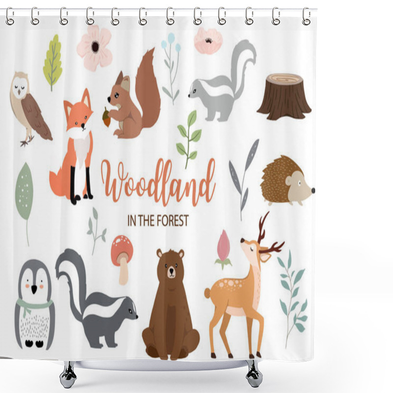 Personality  Cute Woodland Object Collection With Bear,owl,fox,skunk,mushroom Shower Curtains