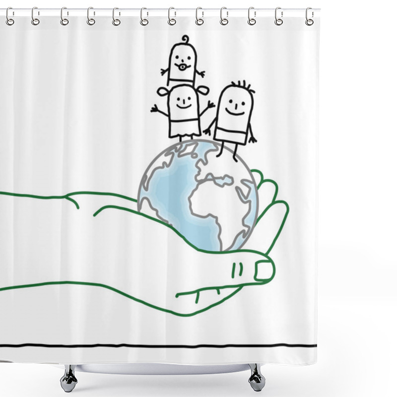 Personality  Big Hand And Cartoon Characters - Kids On Earth Shower Curtains