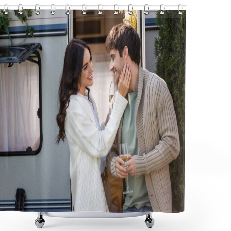 Personality  Smiling Woman Touching Boyfriend With Glass Of Wine Near Camper Van  Shower Curtains