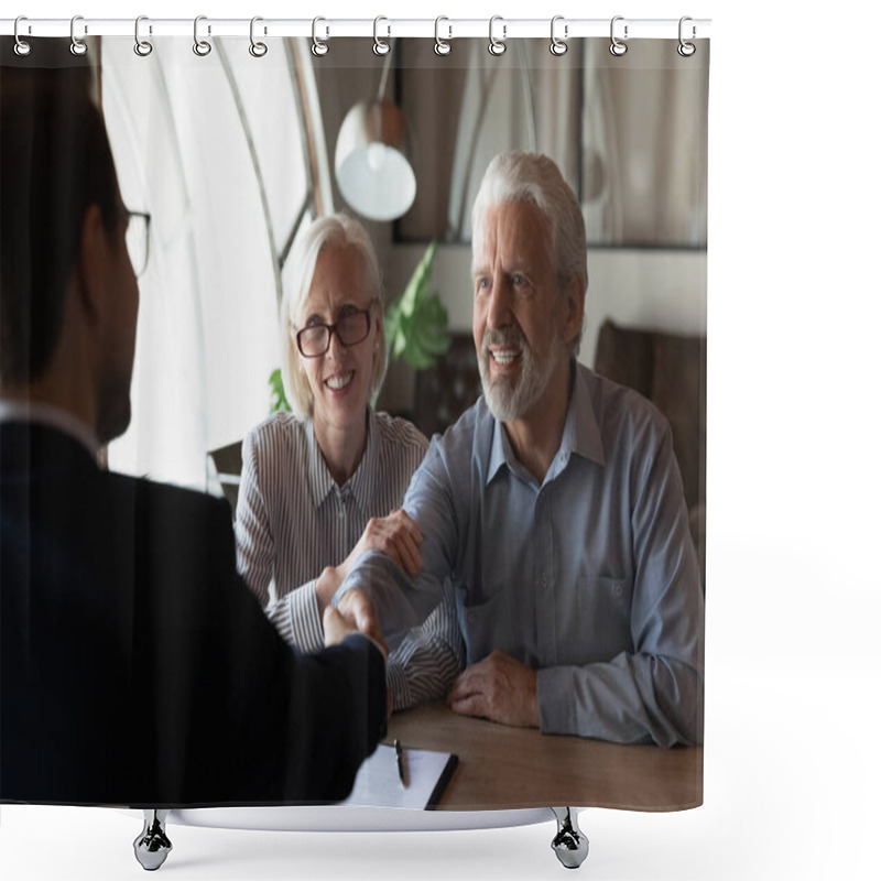 Personality  Happy Grateful Elderly Couple Of Clients Thanking Real Estate Agent Shower Curtains