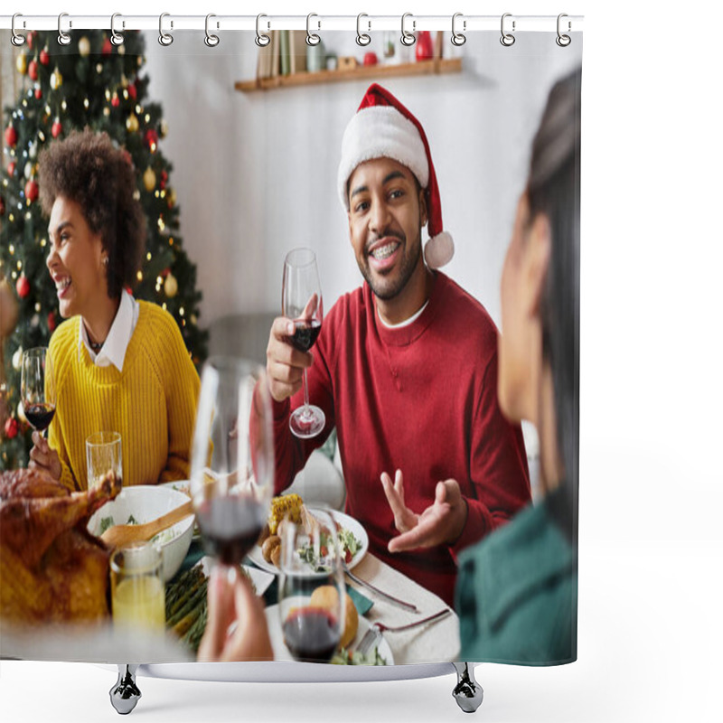 Personality  A Joyful Gathering Of Friends Celebrating Christmas With Good Food And Drinks At Home. Shower Curtains