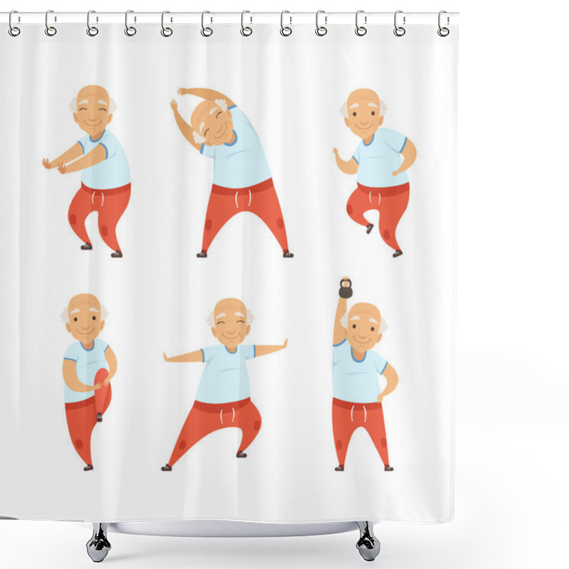 Personality  Senior Man With Grey Hair Doing Physical Exercises Stretching Vector Set. Elderly Male Pensioner Engaged In Workout Leading Healthy And Active Lifestyle Concept Shower Curtains