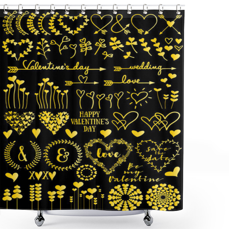 Personality  Gold Floral Heart Designs For Valentine's Day Card, Wedding, Birthday, Mothers Day, Set Of Golden Vector Design Elements On Black Background Shower Curtains