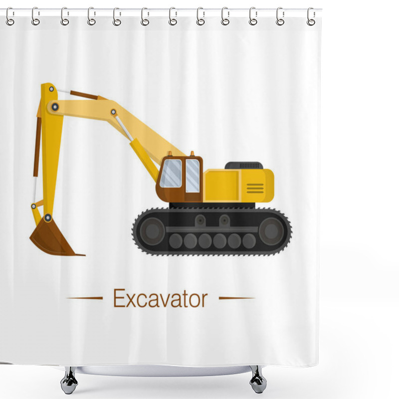 Personality  Yellow Large Modern Excavator With Brown Cab And Bucket. Construction, Building Work. Digging Ditches, Holes For The Foundation. Mining, Quarrying. Isolated Object. Flat Cartoon Vector Illustration Shower Curtains