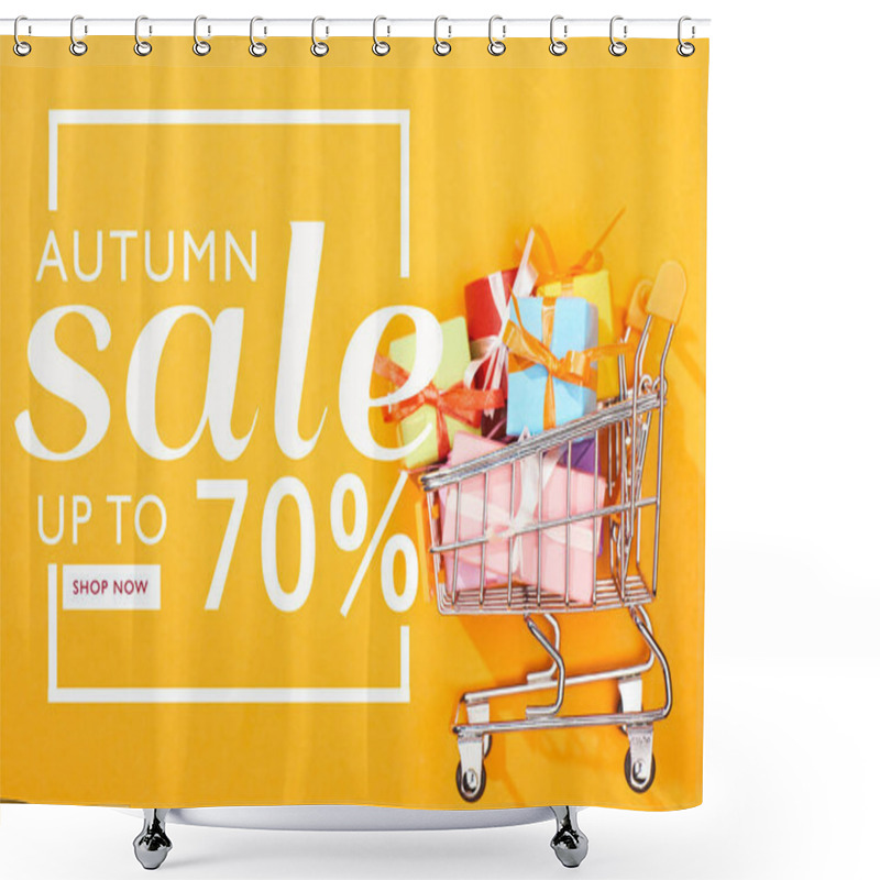 Personality  Top View Of Shopping Cart With Presents On Bright Orange Background With Autumn Sale, Up To 70 Percent Illustration  Shower Curtains