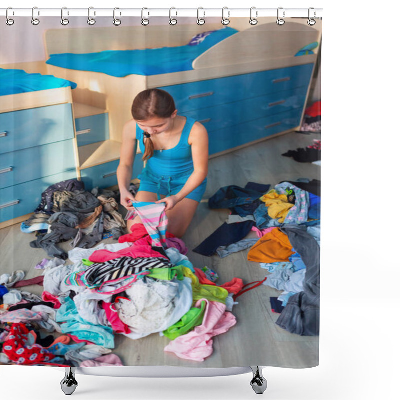 Personality  Beautiful Teenage Girl Folding Her Clothes In A Messy Bedroom Shower Curtains