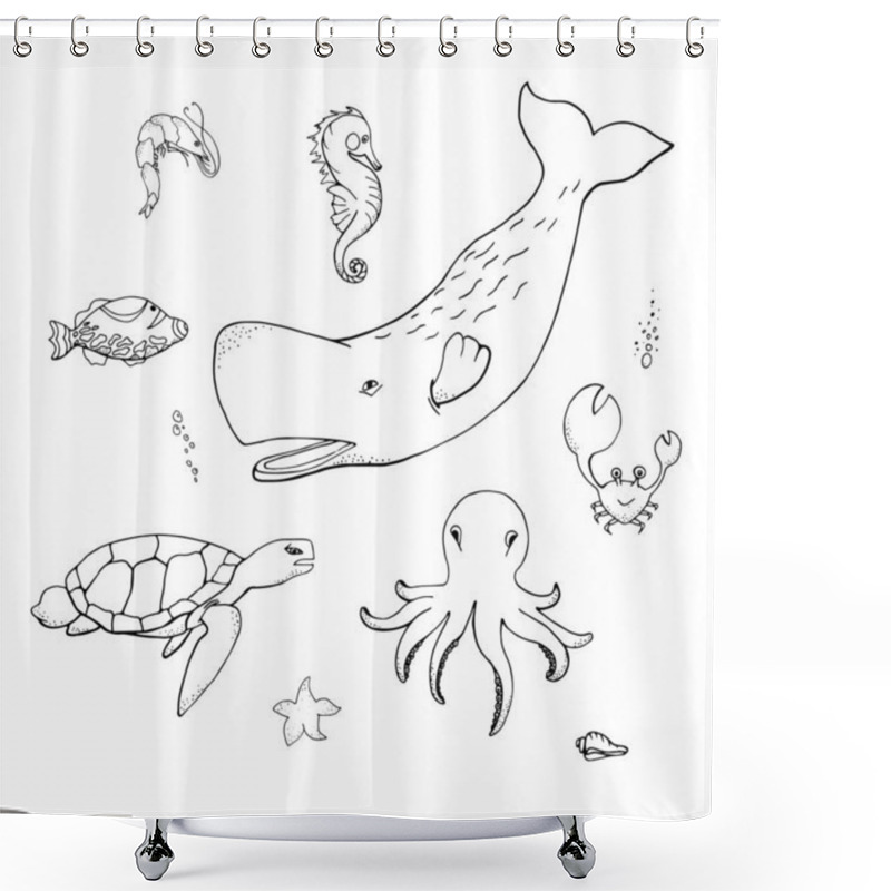 Personality  Ocean Animals Set: Sperm Whale, Sea Turtle, Octopus, Crab, Seahorse, Coral Fish, Shrimp, Starfish  In Doodle Style Isolated On White Background. Silhouettes Marine Fauna. Vector Outline Illustration. Shower Curtains