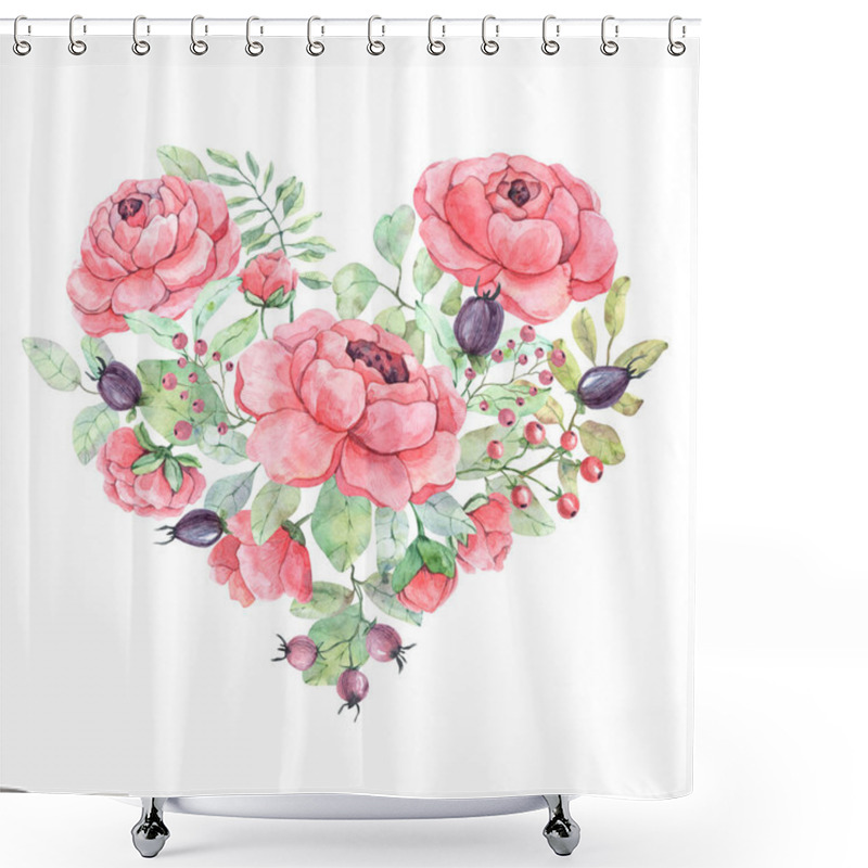 Personality  Watercolor Composition In The Form Of A Heart Made Of Peonies, Buds, Berries, Leaves And Twigs Is Perfect For Printing, Textiles, Fabrics, Wrapping And Scrap Paper, Wallpaper And Any Design Shower Curtains