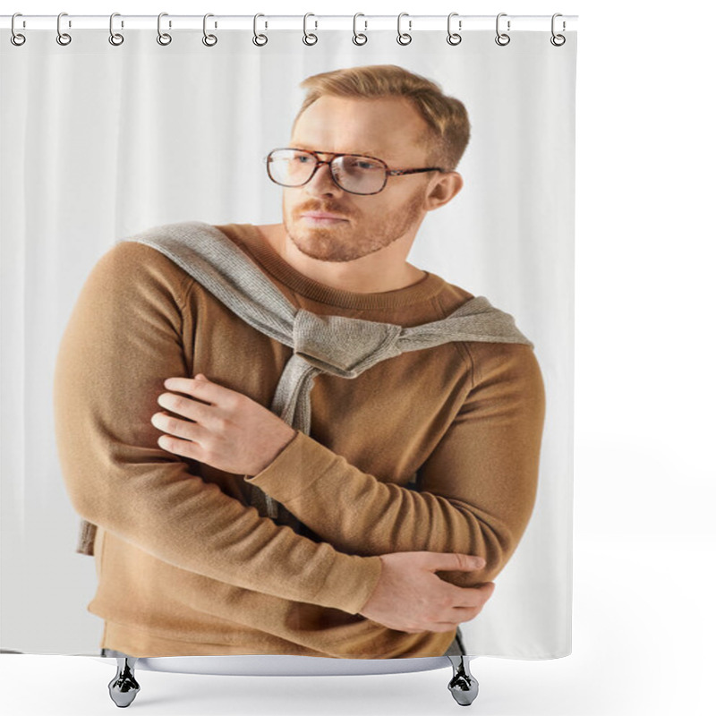 Personality  A Handsome Man In Stylish Glasses Poses Confidently For A Portrait. Shower Curtains