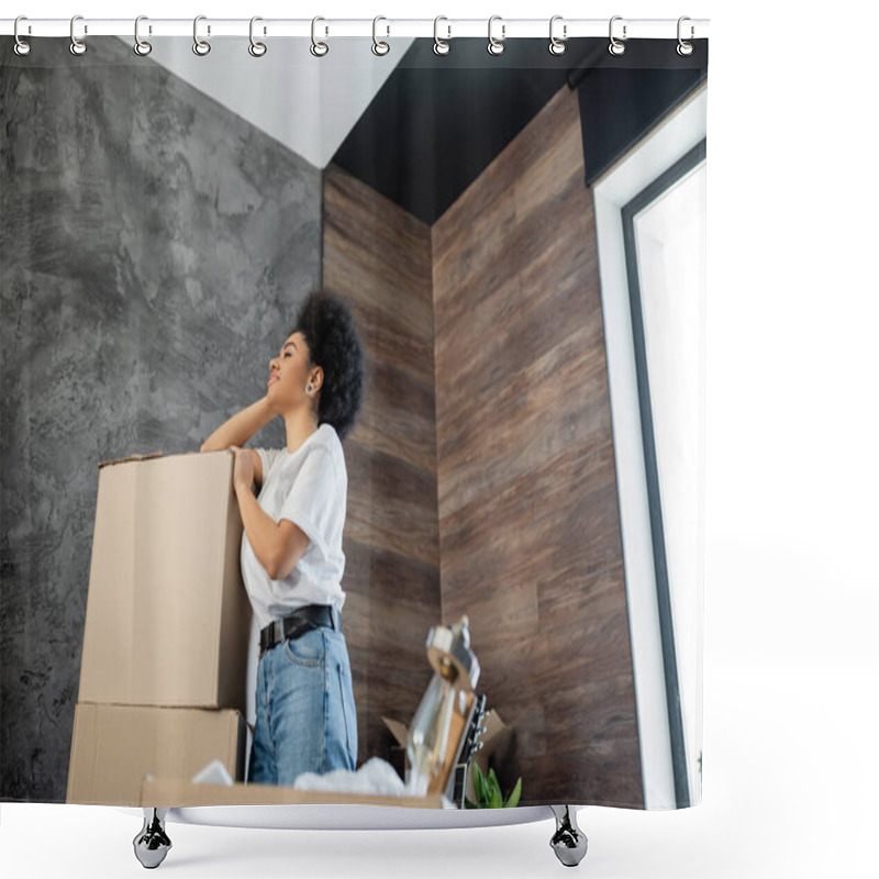 Personality  Side View Of African American Woman Standing Near Carton Packages In Living Room Shower Curtains