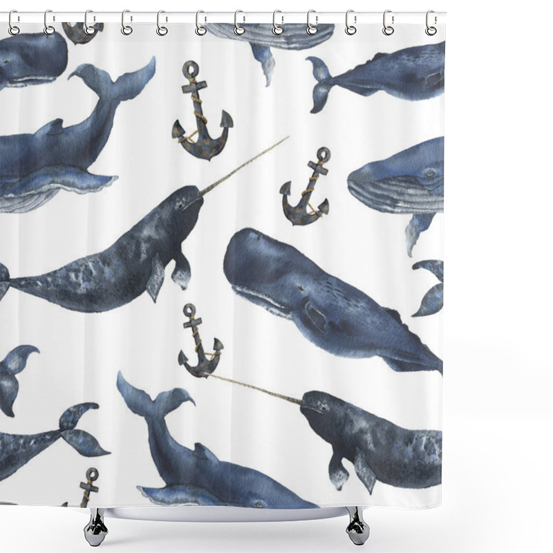 Personality  Watercolor Seamless Pattern With Whales And Anchor. Illustration With Blue Whales, Cachalot And Narwhal Isolated On White Background. For Design, Prints Or Background Shower Curtains