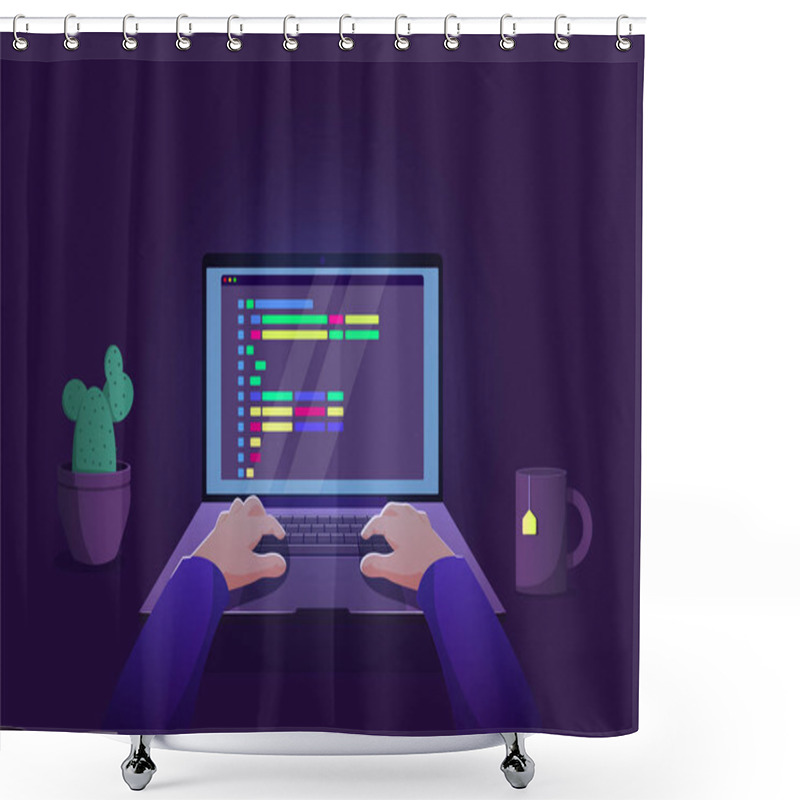 Personality  Man Programmer Working On Computer With Code On Screen Illustration. Shower Curtains