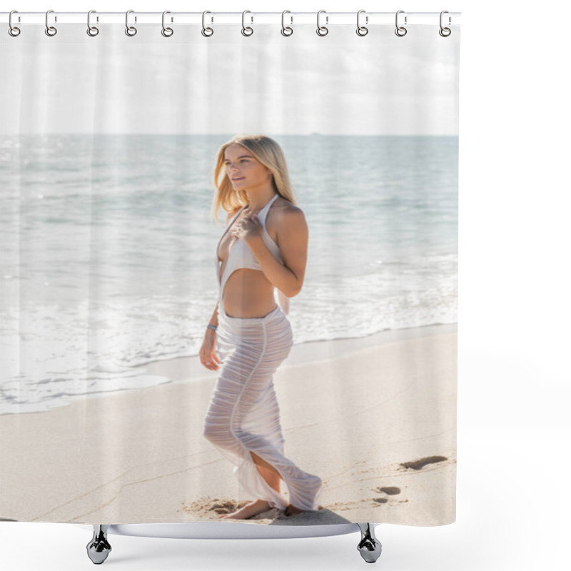 Personality  A Young, Beautiful Blonde Woman Stands Gracefully On Top Of A Sandy Miami Beach, Soaking In The Serenity Of The Sunset. Shower Curtains