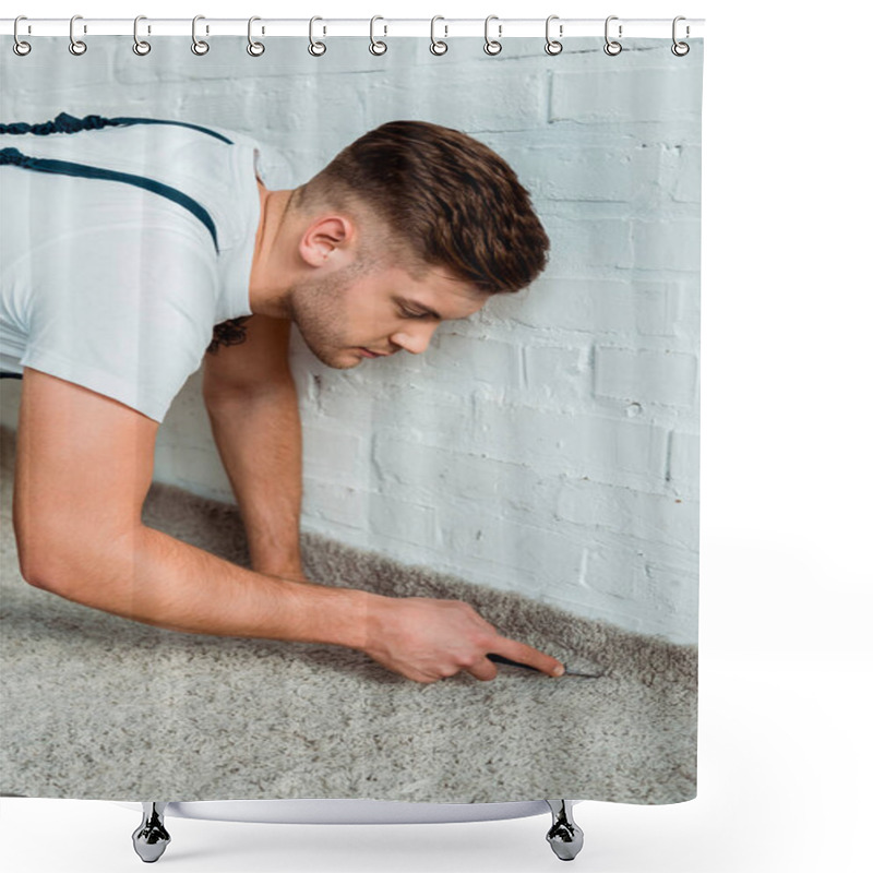 Personality  Handsome Installer Holding Cutter Near Carpet And Brick Wall  Shower Curtains