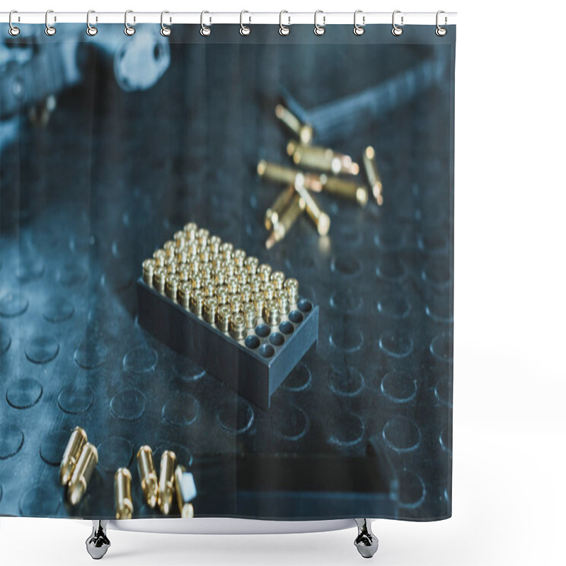 Personality  Gun And Rifle Magazines With Bullets On Table Shower Curtains