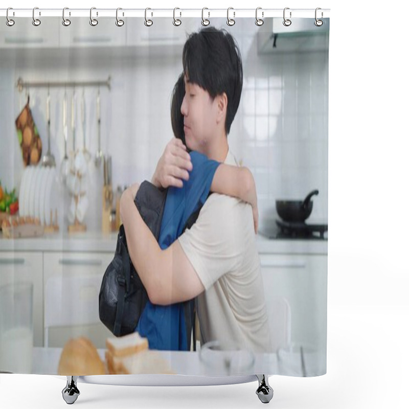 Personality  Asian Single Father And Son Hugging Each Other Before Going To School. Happy Family Concept. Single Father Concept Shower Curtains