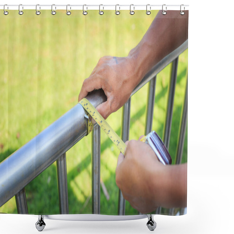 Personality  Man Measuring Stainless Steel Railing With Measuring Tape. Shower Curtains