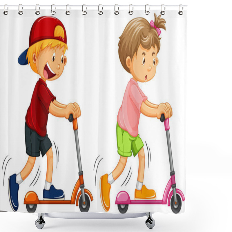 Personality  Boys Playing Kick Scooter On White Background Shower Curtains