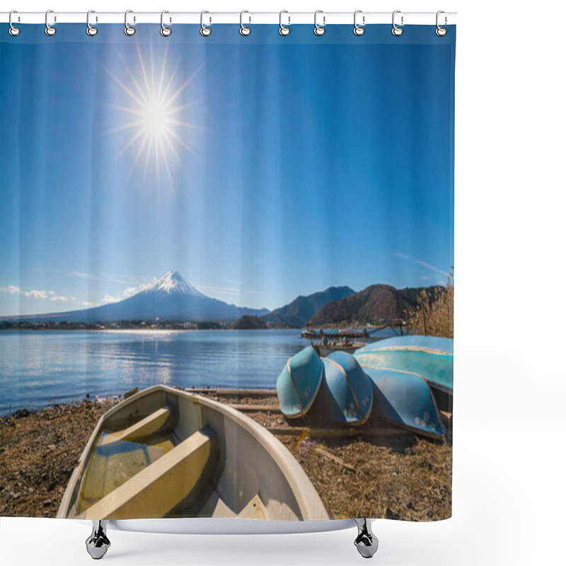 Personality  Sun Star Effect Shot With Mountain Fuji And Boats At Kawaguchiko Lake Japan Shower Curtains