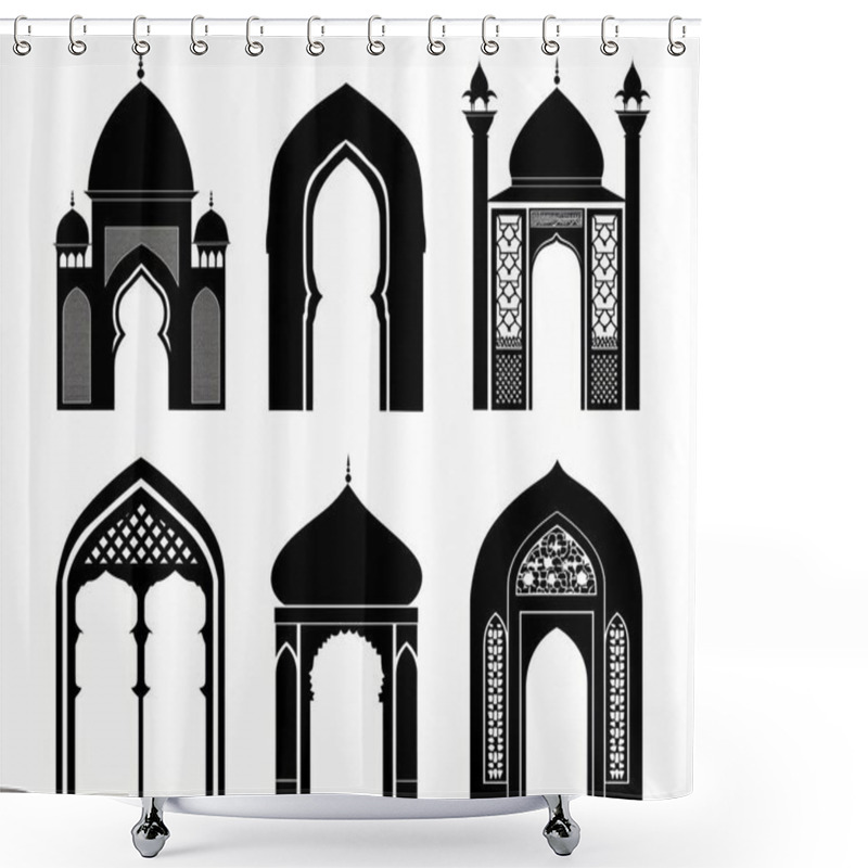 Personality  Collection Of Intricate Black Silhouettes Of Traditional Islamic Architecture, Showcasing Various Arch Styles And Domes. Shower Curtains