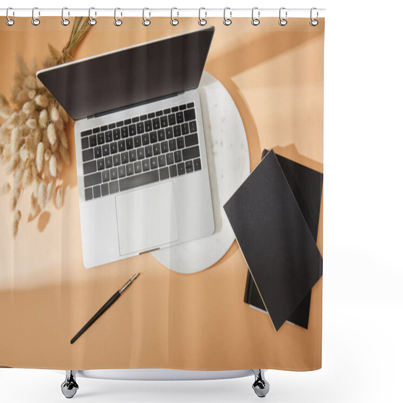 Personality  Top View Of Laptop, Marble Board, Lagurus, Black Notebooks And Paintbrush On Beige Background Shower Curtains