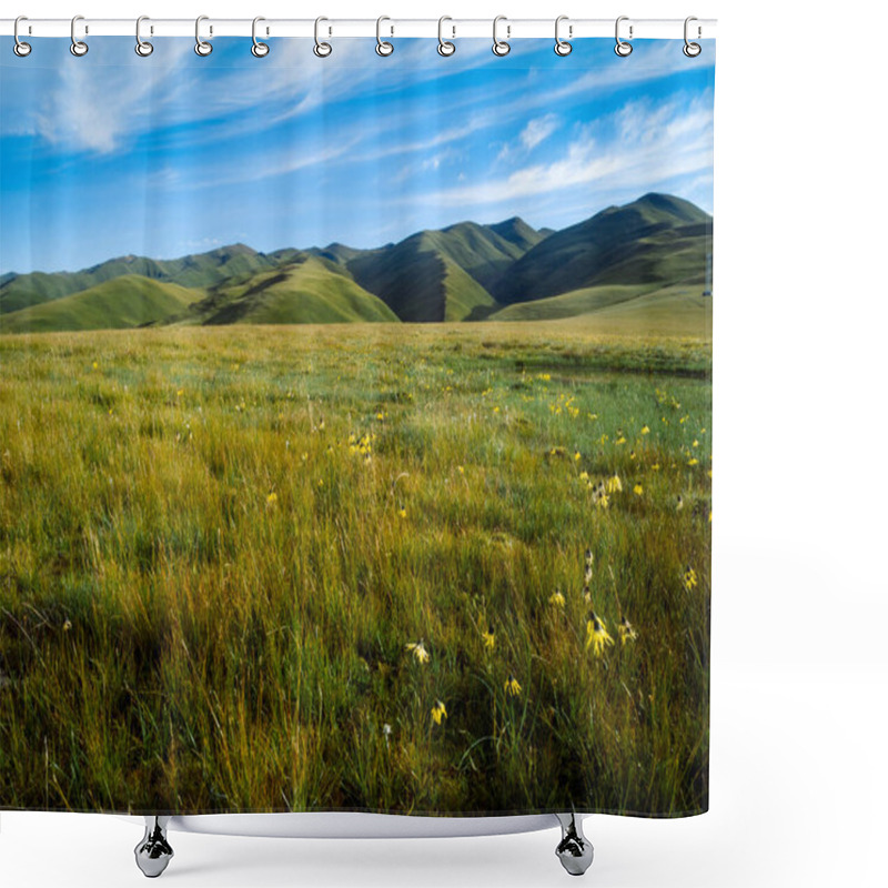 Personality  High Altitude Mountains With Grassland Landscape Shower Curtains