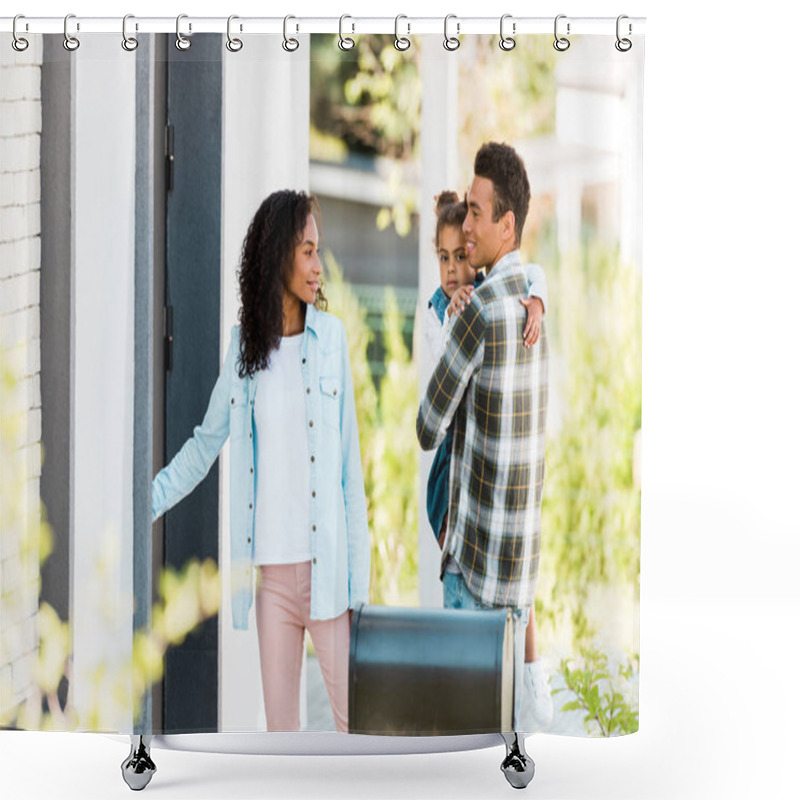 Personality  Selective Focus Of Mother Opening Door Of New House While African American Father Holding Kid Shower Curtains