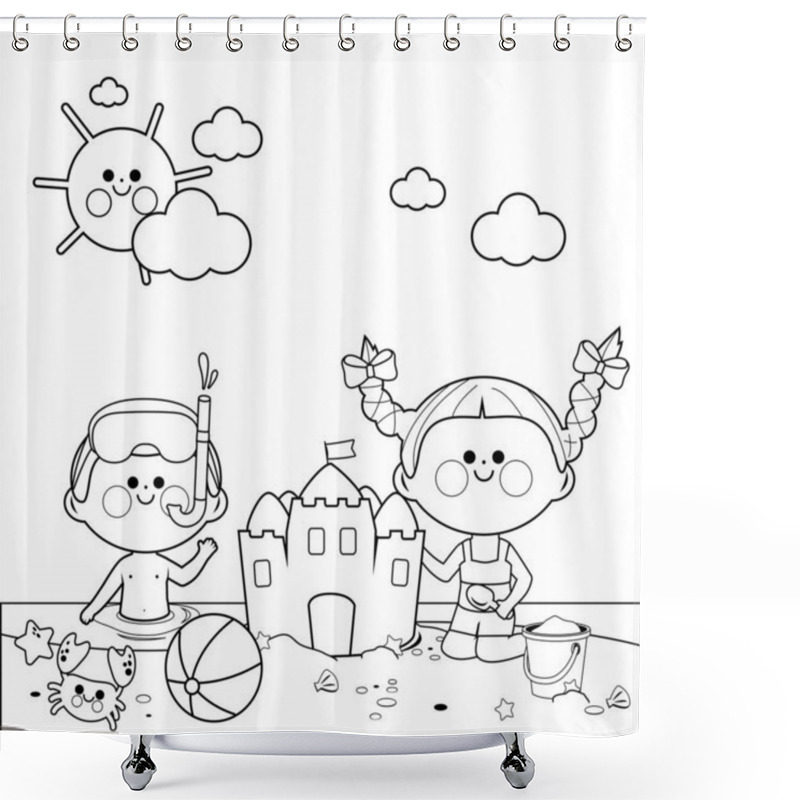 Personality  Children At The Beach Swimming And Building A Sandcastle. Black And White Coloring Book Page Shower Curtains