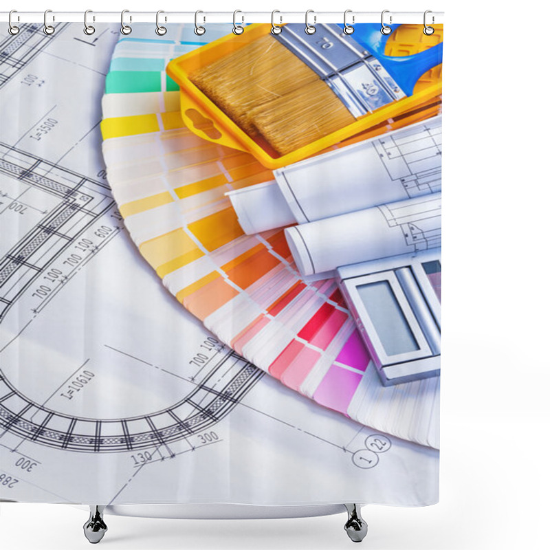 Personality  Rolled Blueprints And Paint Brushes Shower Curtains