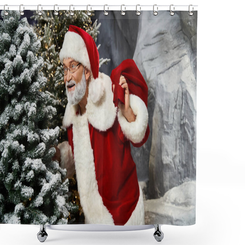 Personality  A Joyful Figure Dressed As Santa Claus Prepares Gifts While Standing Near Snow Covered Trees. Shower Curtains