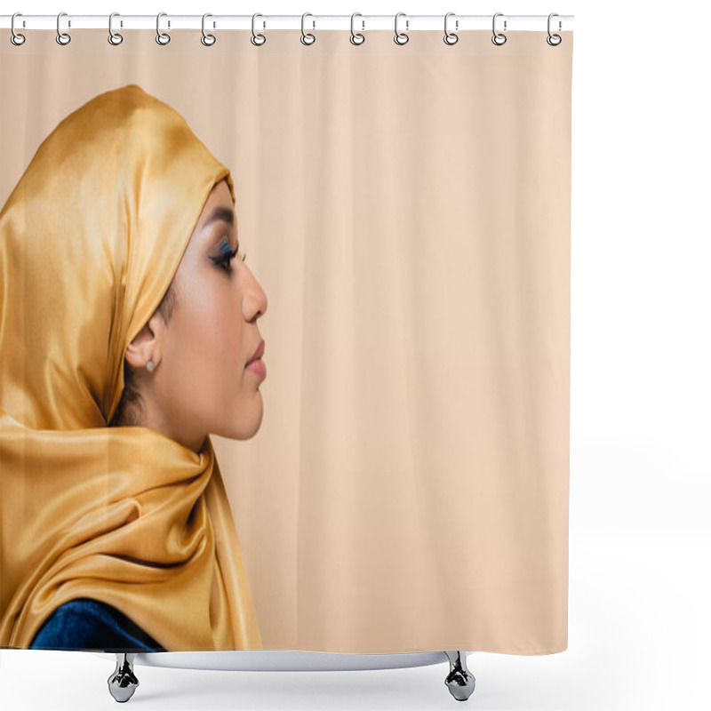 Personality  Profile Of Muslim Woman In Yellow Hijab With Bright Makeup Isolated On Beige Shower Curtains