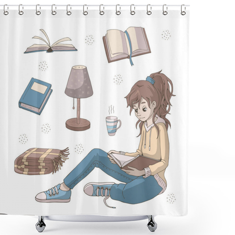 Personality  Cartoon Girl With Book, Cup Of Tea, Reading-lamp And Plaid. Vector Set Of Different Books. Isolated Objects On White Background. Shower Curtains