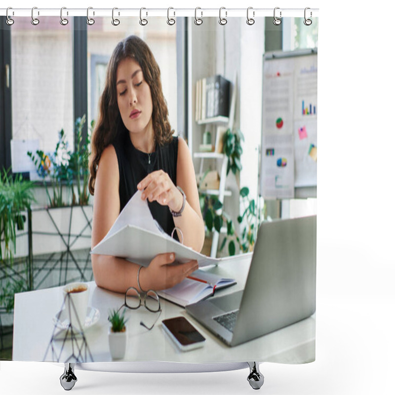 Personality  A Plus Size Woman With Long Curly Hair Focuses On Her Files While Seated At Her Office Desk, Embodying Professionalism And Poise. Shower Curtains