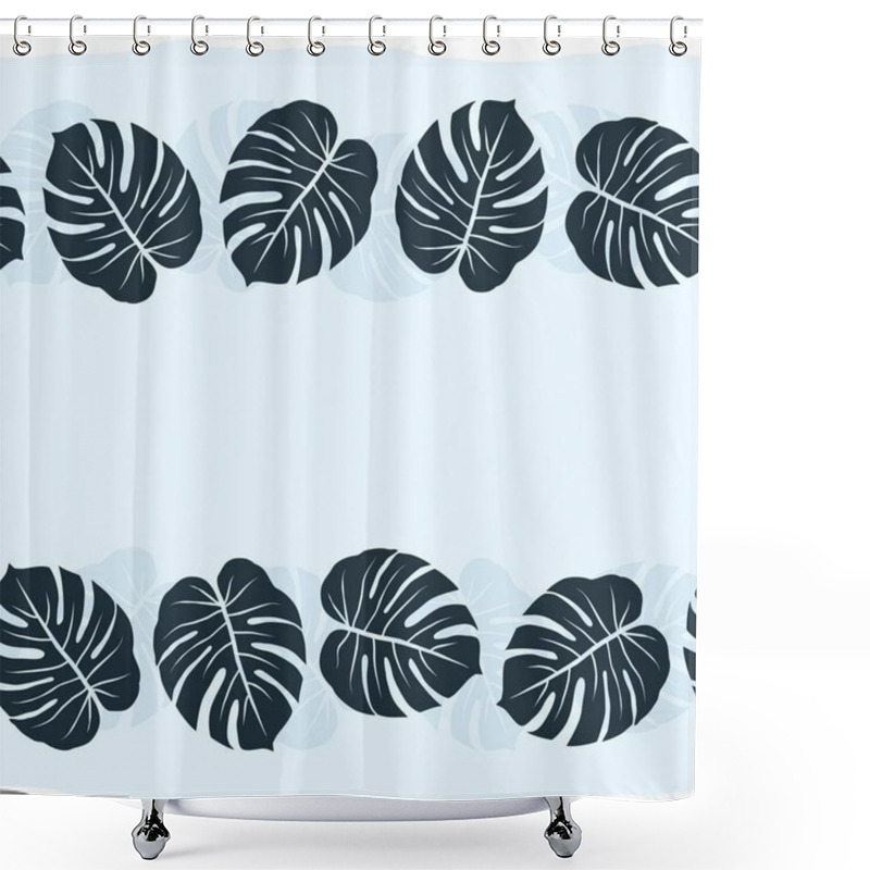 Personality  Dark Monstera Leaves Graphic  Exotic Seamless Double Horizontal Border On Light Blue Background Shower Curtains