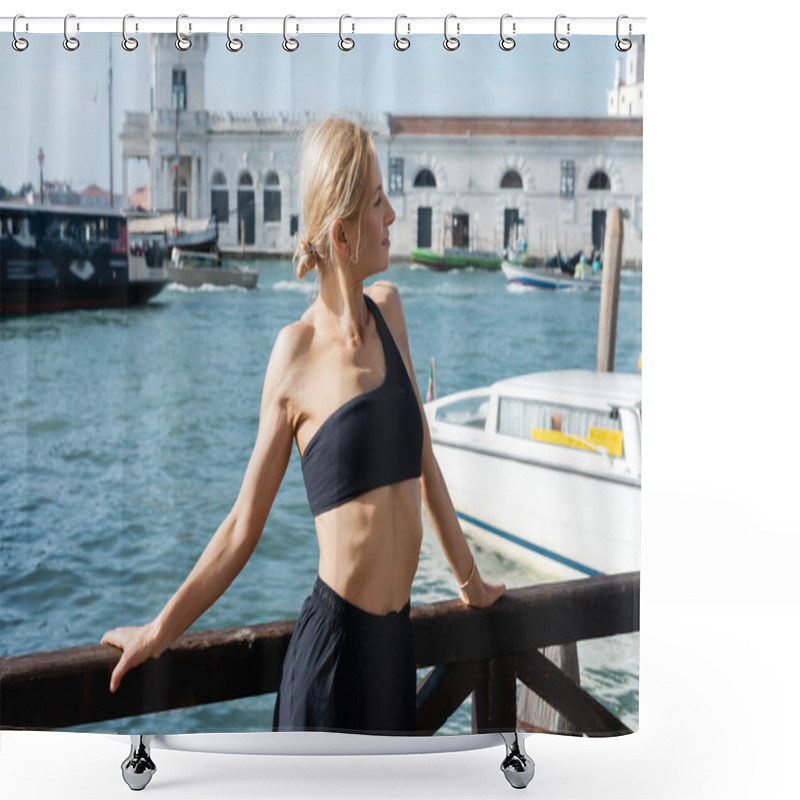 Personality  Side View Of Sportive Woman In Black Crop Top And Shorts Standing On Pier In Venice  Shower Curtains