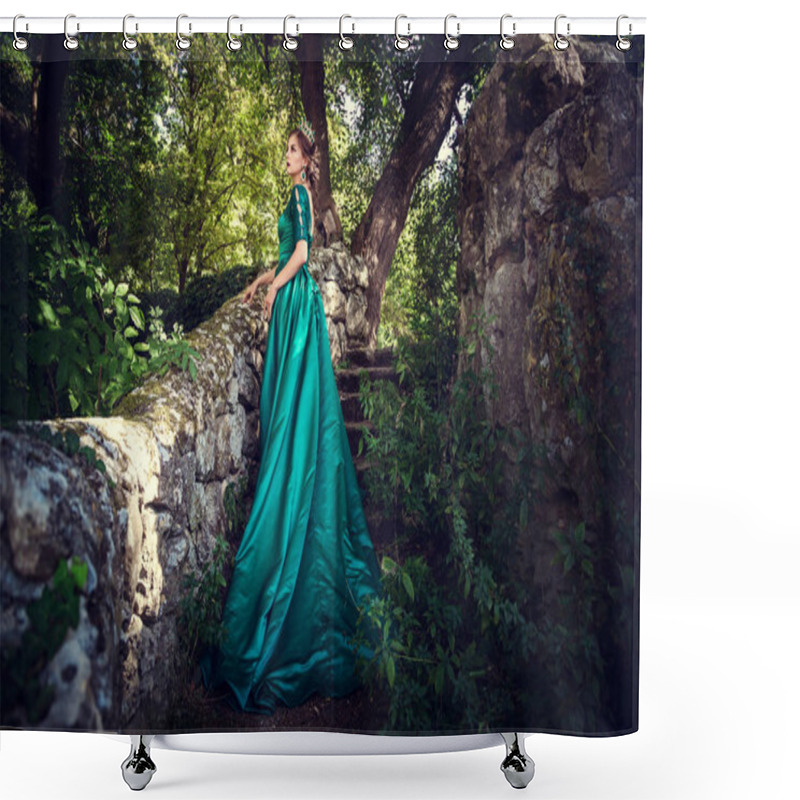 Personality  Young Woman Wearing A Green Dress Explores A Magical Forest Shower Curtains