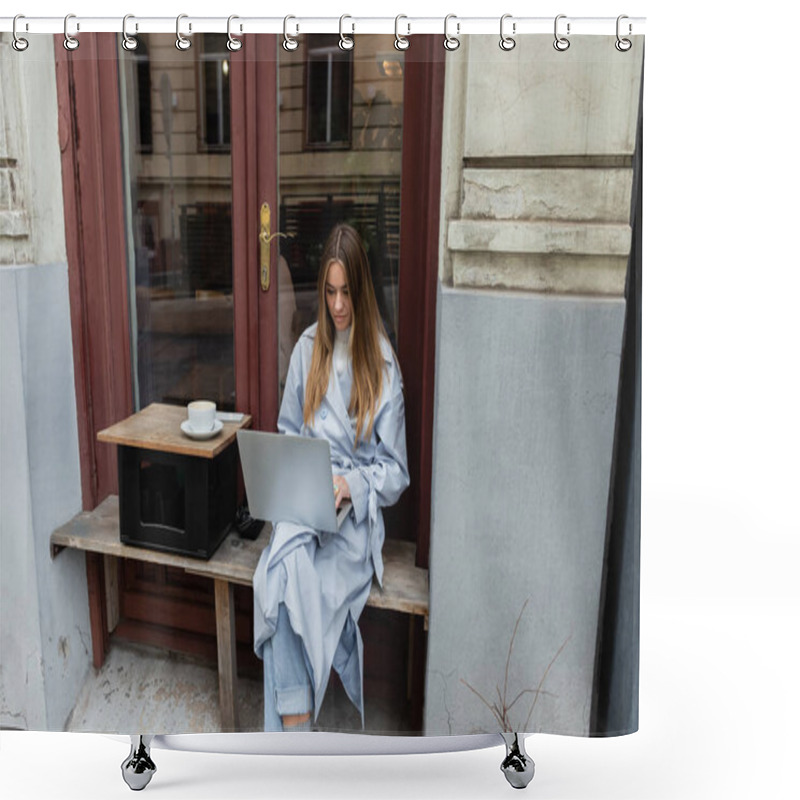 Personality  Young Freelancer In Blue Trench Coat Using Laptop While Sitting Next To Cup Of Coffee In Outdoor Cafe In Vienna   Shower Curtains