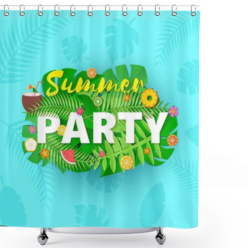 Personality  Word PARTY Summer Composition With Creative Green Jungle Leaves Fruits And Coctail In Paper Cut Style. Tropical Craft Design For Your Poster, Banner, Flyer T-shirt Printing. Vector Illustration. Shower Curtains